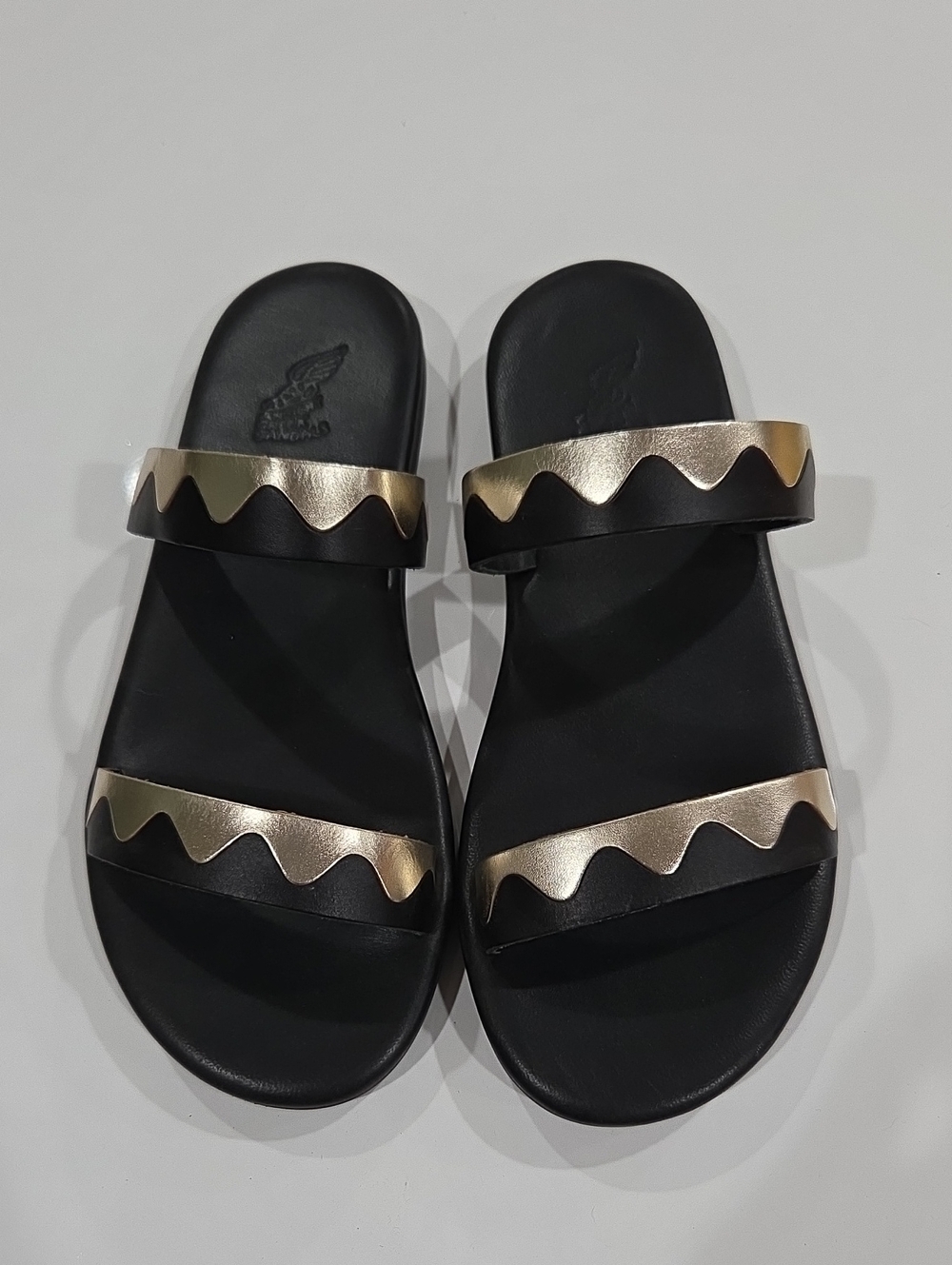 Ancient Greek Sandals Black with Gold Wave Trim Two Strap Sandals Cushion 37